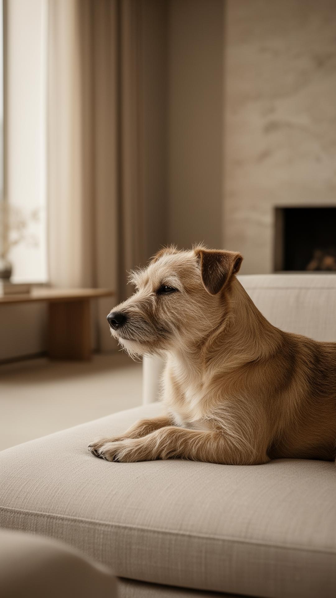 A calm dog resting in a refined, sunlit interior