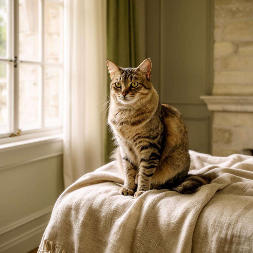 A calm cat resting on warm linen