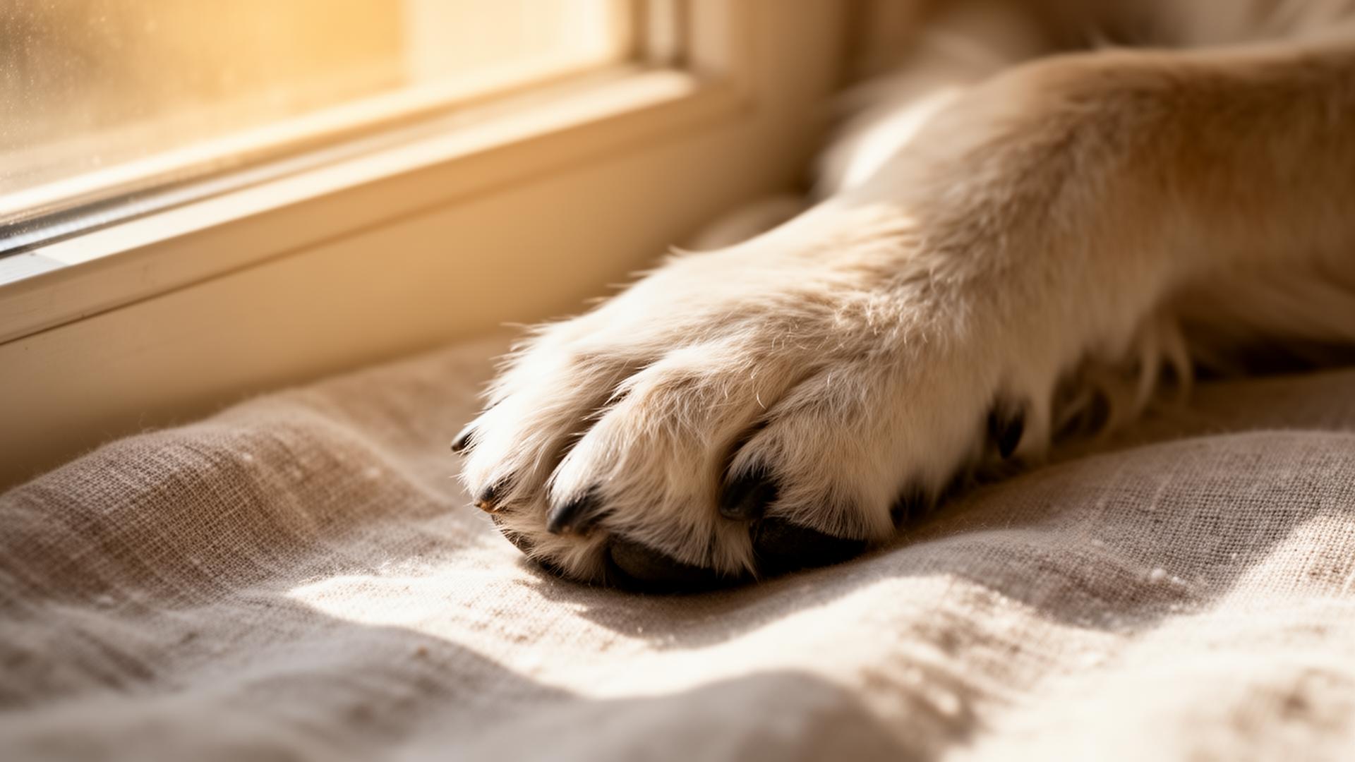 A calm paw resting on warm linen near a window